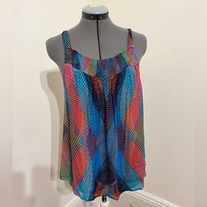 Anthropologie CONDITIONS APPLY Prismatic Blouse Blue Multicolor Tie Tank Size L
